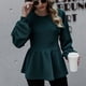 thumbnail image 2 of Blusa de otoño para mujer, manga larga, cuello redondo, dobladillo con volantes, color puro, hombros caídos, color verde, L, 2 of 6