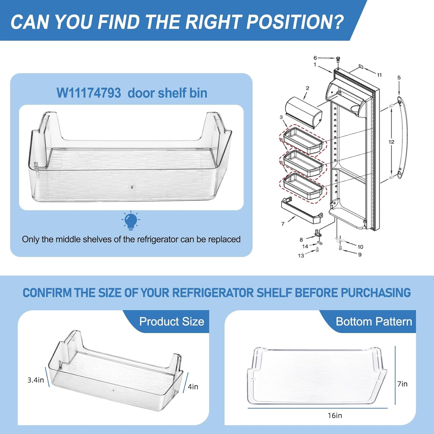 W11174793 W11034658 Refrigerator Door Bin Shelf Compatible with amana kenmore maytag Right Side Door, Door Bin Replace W10910090 4585666 AP6285464 PS12348327 EAP12348327