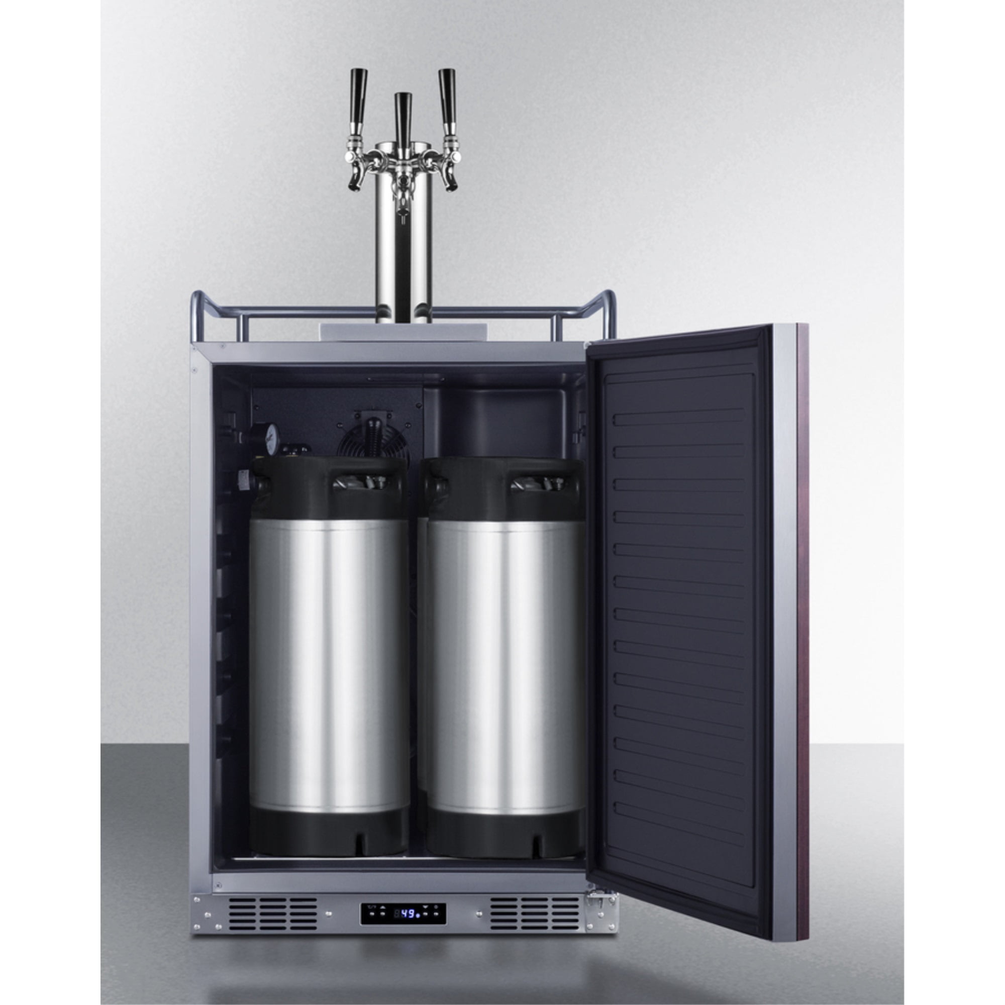 Built-in undercounter triple tap beer kegerator in complete stainless steel with panel-ready door