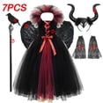 thumbnail image 3 of Vestido negro de maléfica para niños, disfraz de Halloween gótico de bruja oscura, vestido de tutú con capa de plumas, disfraz de hada de la Reina Malvada, 3 of 5