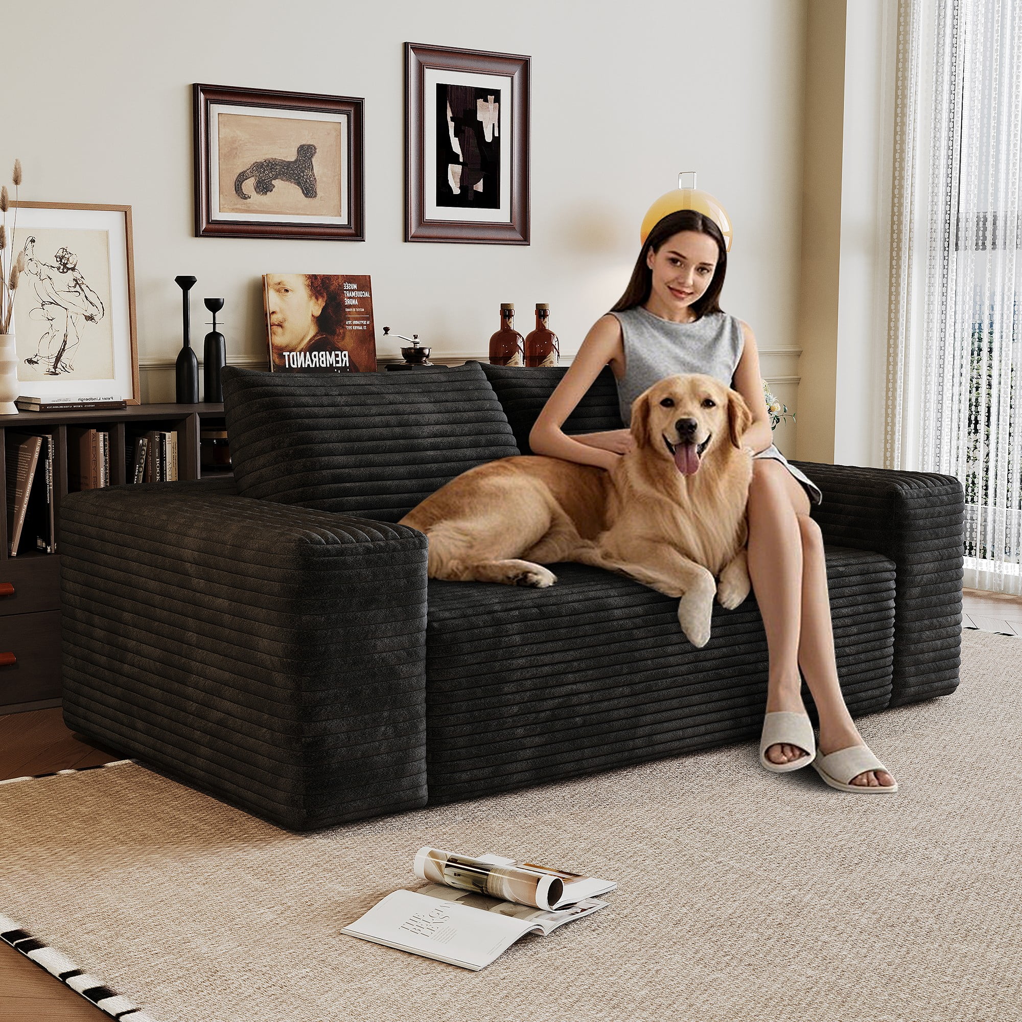 Aukfa 63" 2-Seater Corduroy Sofa, Deep Seat Loveseat Couch with High-Density Foam, No Assembly Comfy Boneless Sofa for Living Room & Apartment, Black