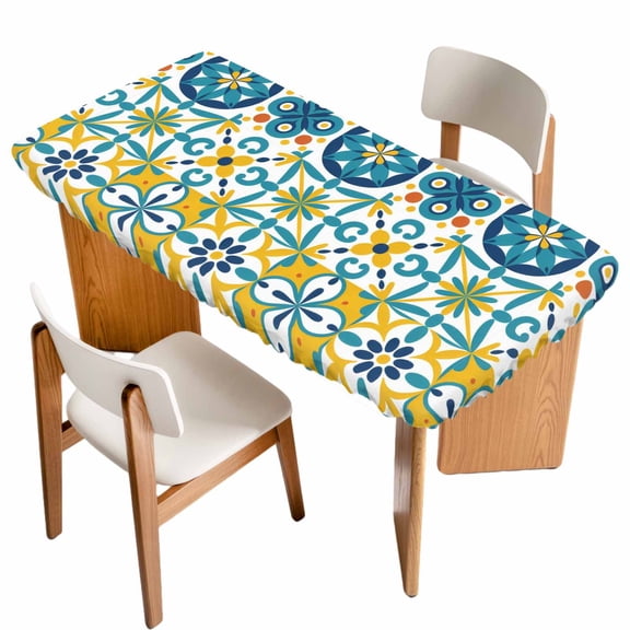 Modern Mediterranean Table Cloths for 3 Foot Rectangle Tables, Retro Moroccan Tiles Texture Vlue Yellow Patio Waterproof Elastic Fitted Tablecloths, Washable Rectangular Table Cover for Camping