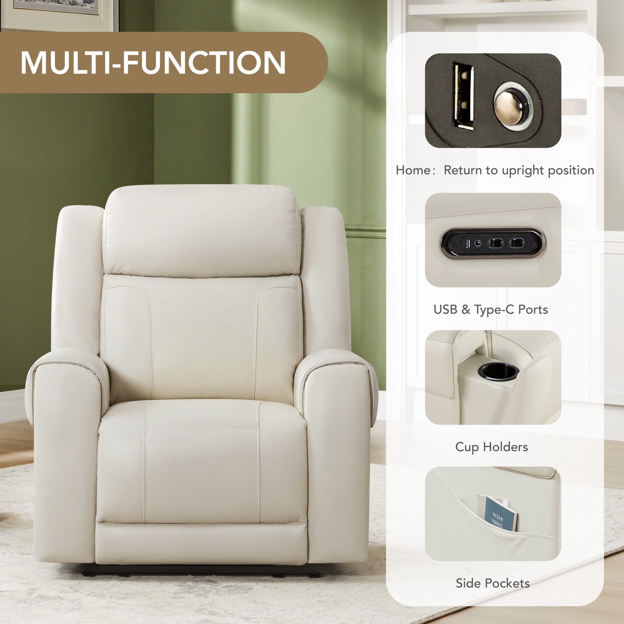Spruce & Spring Wall Hugger Genuine Leather Power Recliner with Headrest, Cream