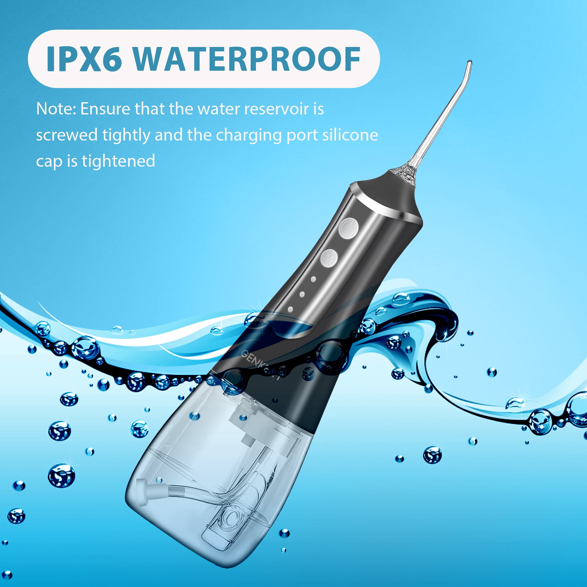 GENKENT Water Flosser for Teeth, Cordless Dental Flosser 3 Modes 5 Tips Rechargeable, Black