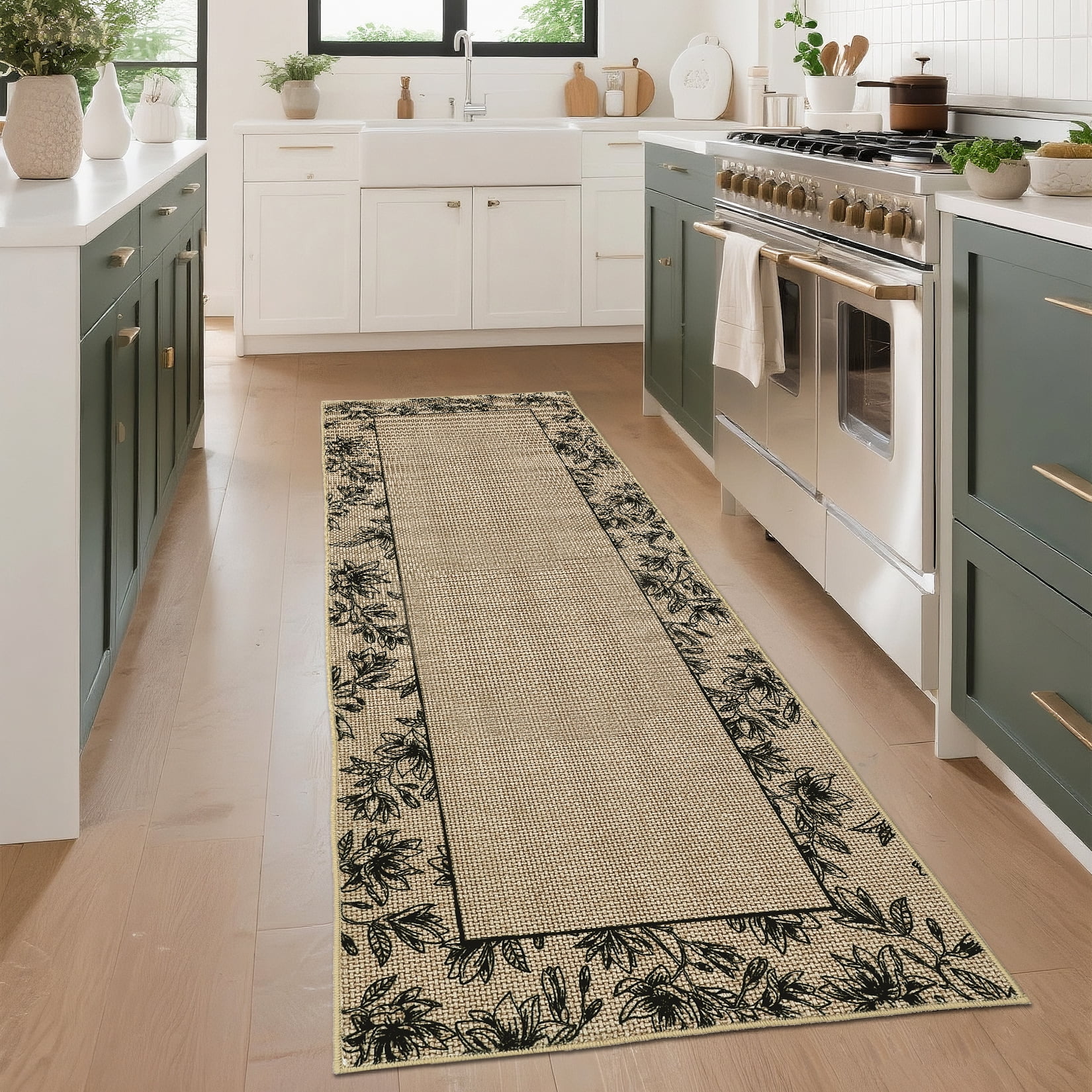 Garvee Washable Runner Rugs 2x6 Modern Bordered Rugs, Soft Ultra Thin Accent Carpet Non Slip Low Pile Rug for Hallway Kitchen Entryway Bathroom, Linen