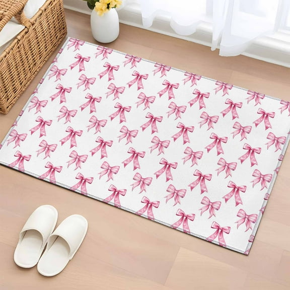 Cute Pink Bow Bathroom Rug Washable 2x3 Entryway Rug Non Slip White Sweet Modern Watercolor Front Door Mat Low Pile Indoor Doormat Throw Floor Carpet for Kitchen Bedroom Entrance