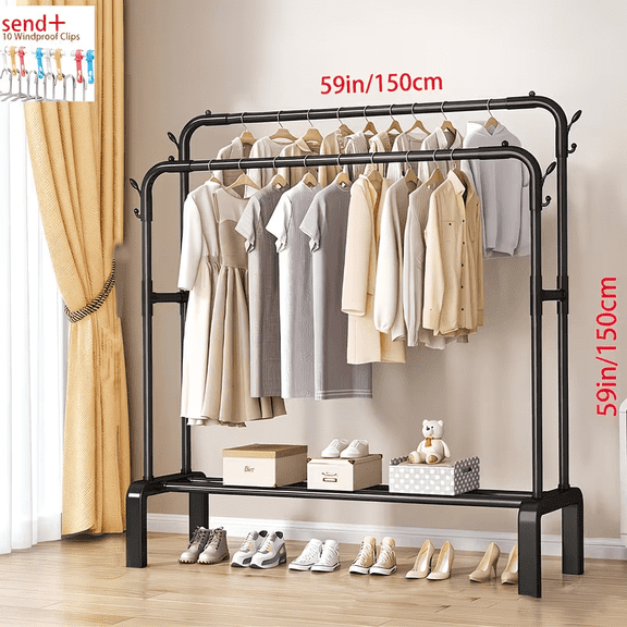 Double Rod Clothing Rack With Bottom Shelf, Heavy Duty Garment Organizer With Extra Hooks, Space Saving Clothes Rack