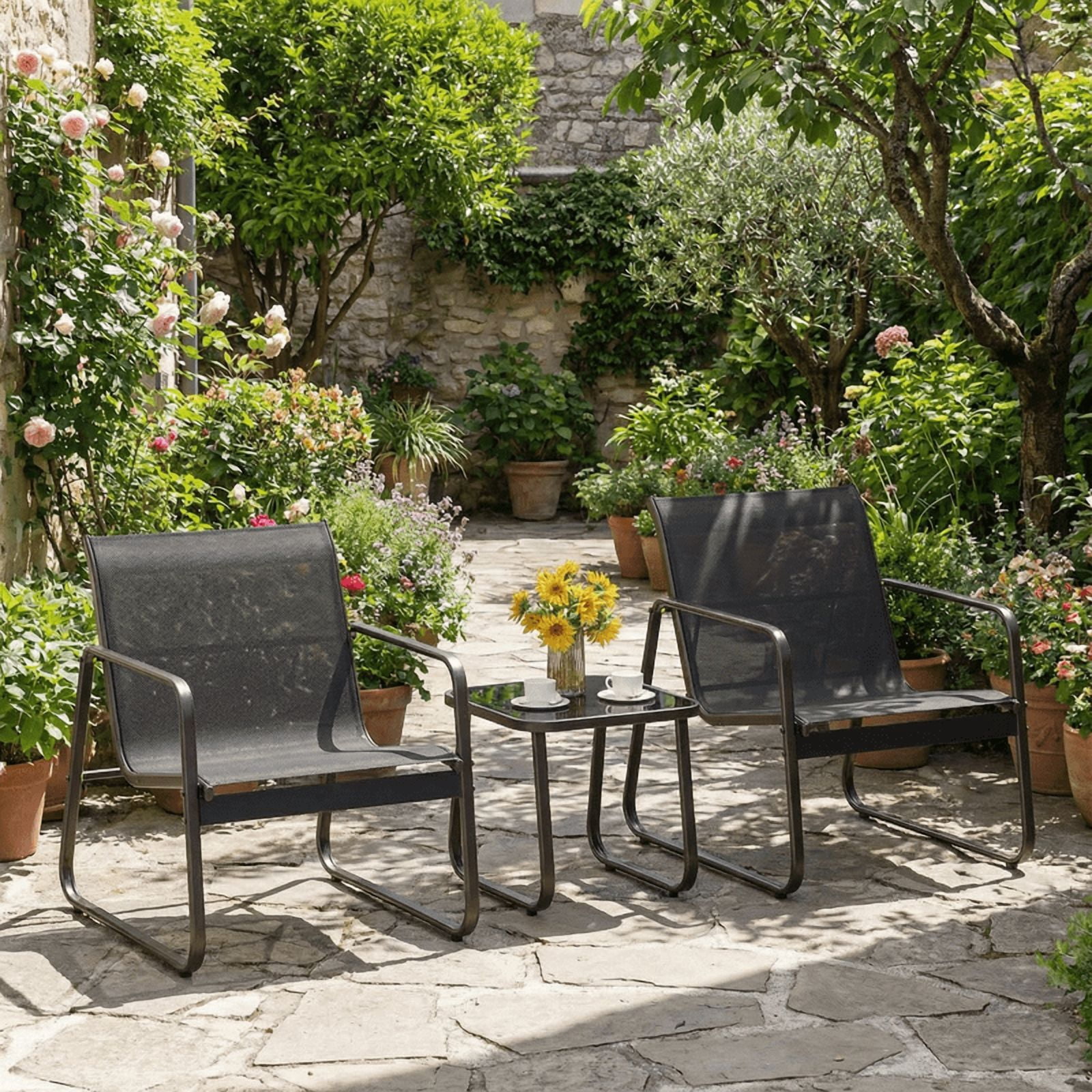 3-Piece Outdoor Textilene Patio Furniture Set, Modern All-Weather Bistro Conversation Set with Chairs & Coffee Table for Small Patio, Backyard, Porch and Deck, Black