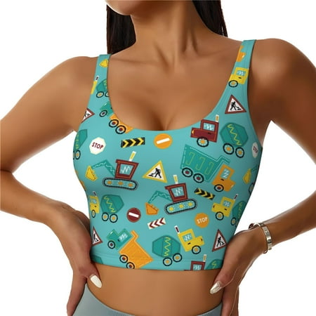Cauagu Trucks And Excavators Pattern Sports Bras for Women Round Neck Sports Bra Workout Crop Tank Tops Padded with Built in Shelf-X-Large