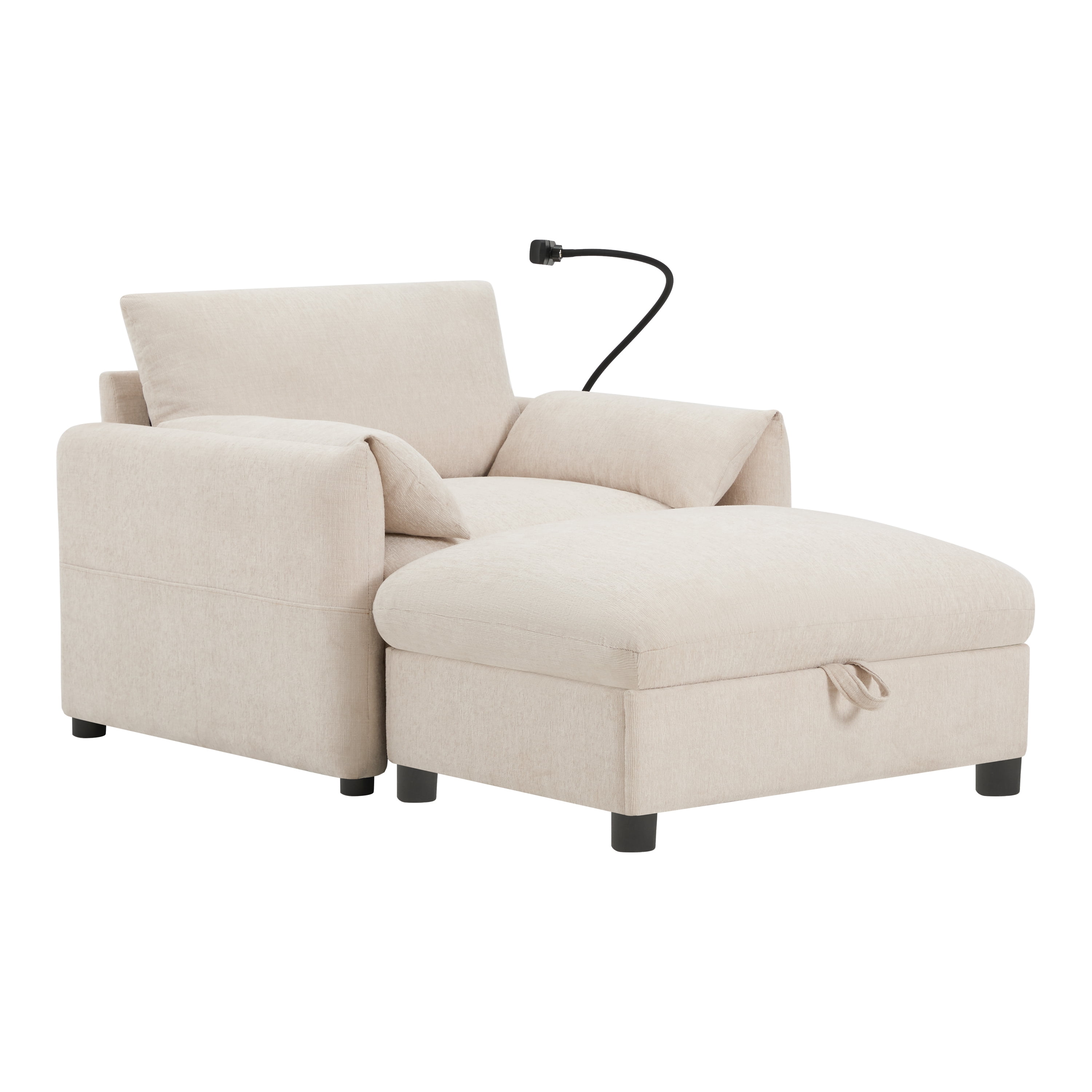 Euroco Accent Chair with Storage Ottoman, Modern Chenille Single Sofa Chair with USB Port,Side Pockets & Adjustable Phone Holder, Cloud Couch with Convertible Chaise for Living Room,Office,Beige