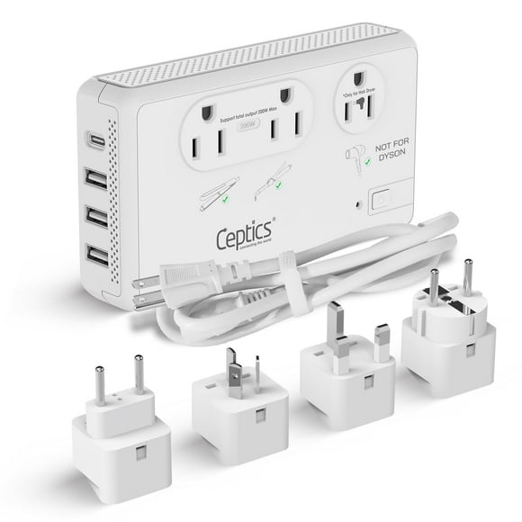 Convertidor de voltaje Ceptics de 220 V a 110 V con enchufes tipo C, E/F, G, I
