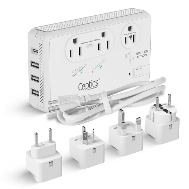 Convertidor de voltaje Ceptics de 220 V a 110 V con enchufes tipo C, E/F, G, I