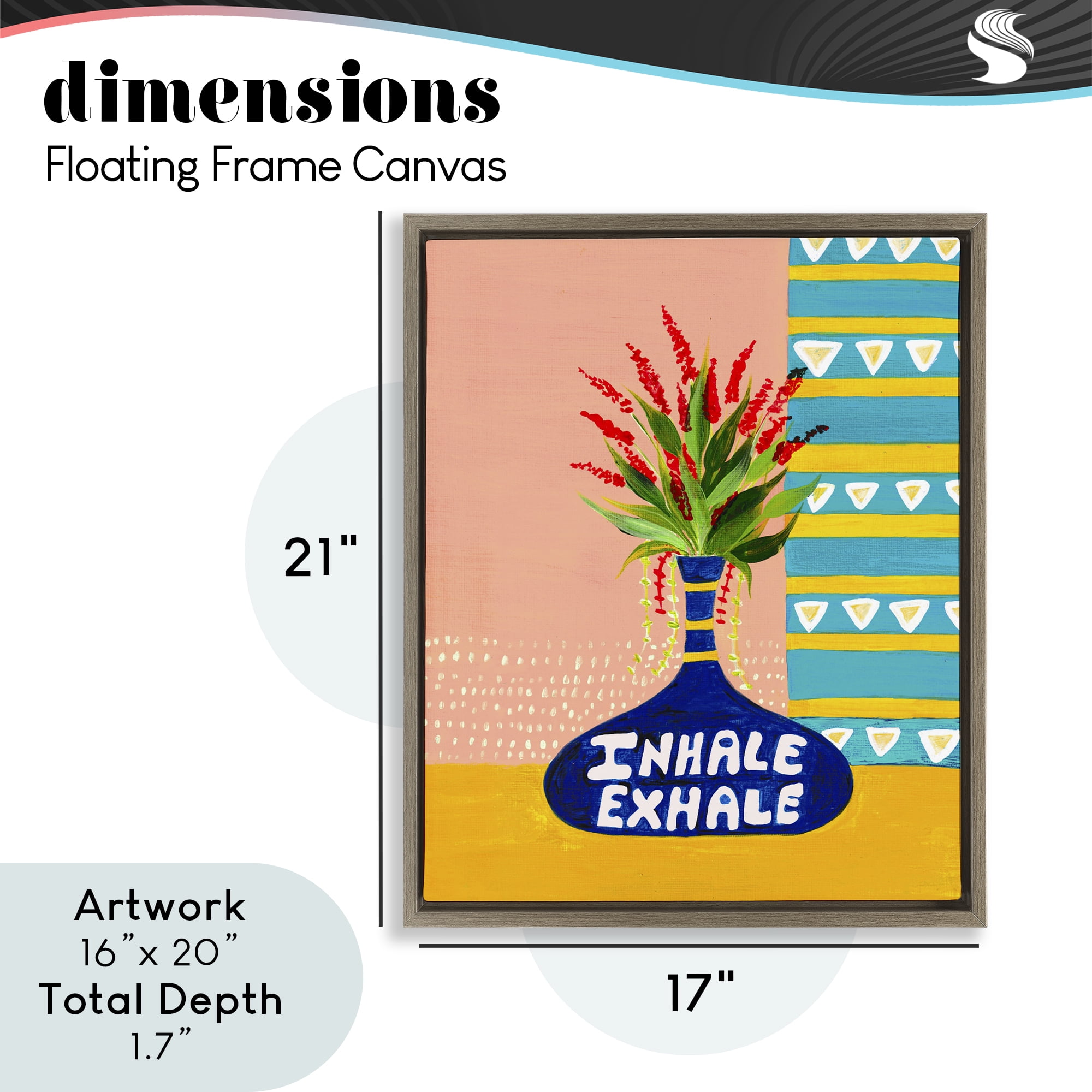 Inhale Exhale Flower Vase Brown Framed Floater Canvas Wall Art, design by Nabeela Rumi