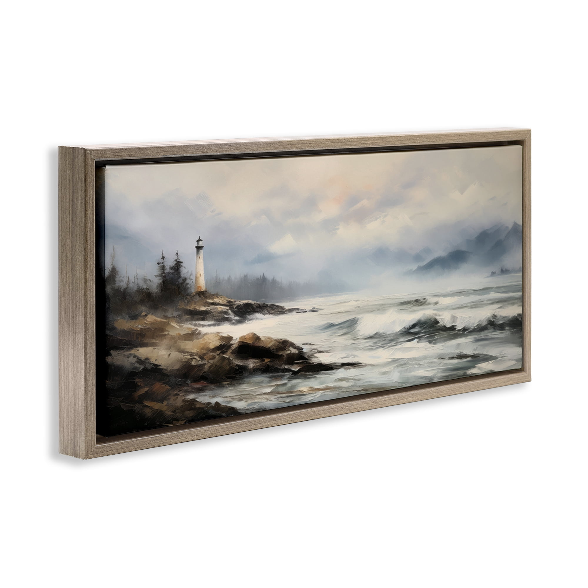 Stupell Industries Coastal Lighthouse Waves Coastal Painting Brown Floater Framed Art Print Wall Art, 25 x 11