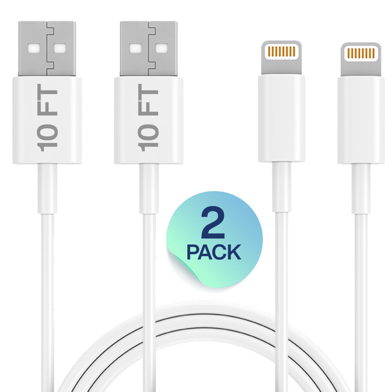 Marlowe Advanced Power-Delivery Technology Compatible Apple MFi Certified 10 Ft. USB to Lightning Charging Cable for iPhone, iPad, iPods 2 Pcs Set