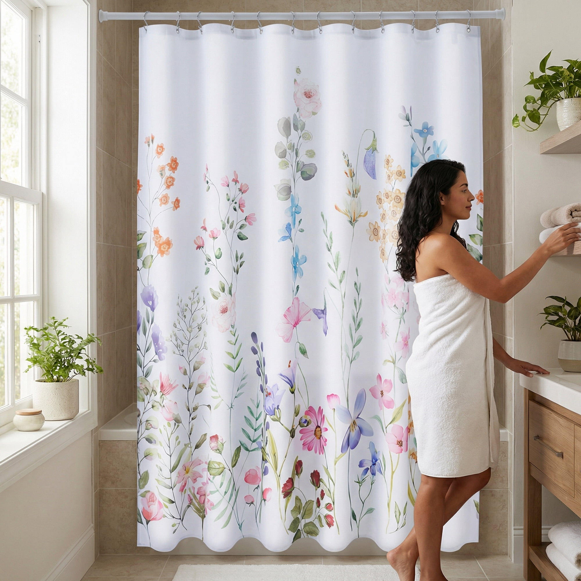 Unique Bargains Floral Print Sets, Waterproof Bath Curtain Multicolor 71"W x 71"L