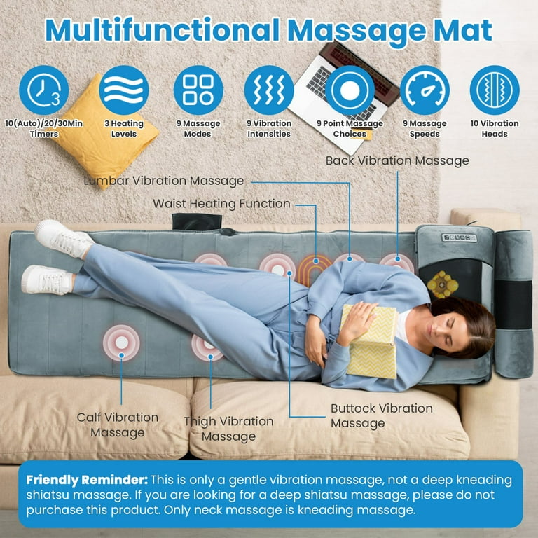 Moclever Electric Full Body Massage Mat, Heating Vibration Massage Pad with Neck Foot Massage Head Pillow and Cloth Lumbar Pillow Timer Anti-Slip