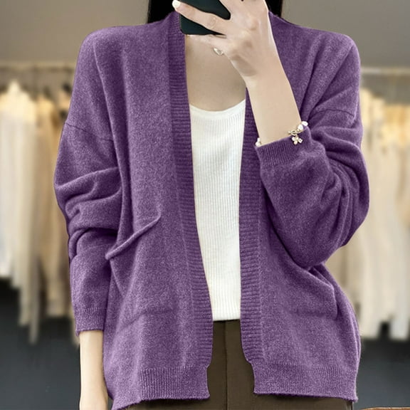ClodeEU Women's Knit Cardigans Sweater ,Long Sleeve Loose Thin Cardigans with Pockets ,Lightweight Casual Fall Knit Tops Purple,Womens Plus XL