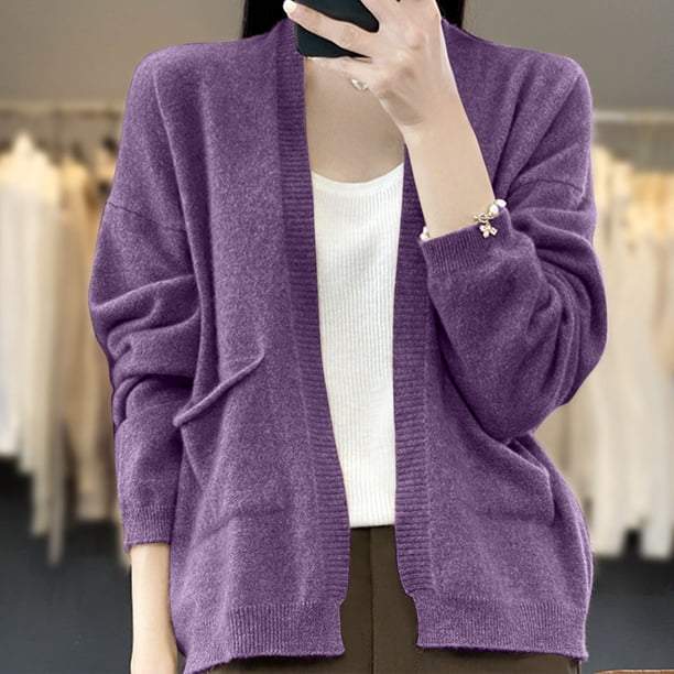 Cárdigan de punto corto para mujer, moda informal de invierno, color liso, manga larga, chal, blusa de poliéster