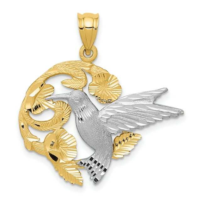 14k Two Tone Gold Hummingbird Necklace Charm Pendant Flower Gardening Bird