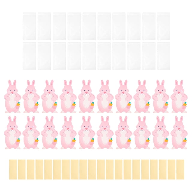 Luzkey 20Pcs Easter Gift Bags with Pink Rabbit Greeting Cards Transparent Bags Multifunctional Lovely Lightweight Candy Cookie Bags