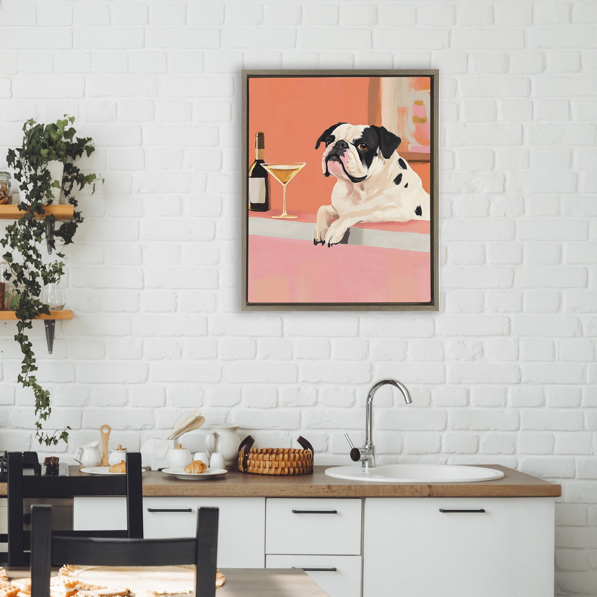 Stupell Industries Bulldog at Martini Lounge Brown Framed Floater Canvas Wall Art, design by The Prints Vibe