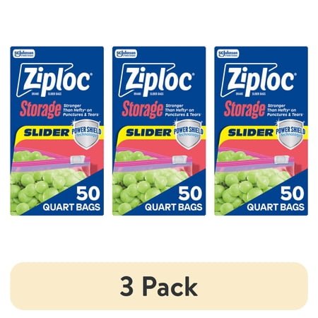 (3 pack) Ziploc Brand Slider Quart Food Storage Bags, School Supplies, with Power Shield Technology, Zipper, 50 Count