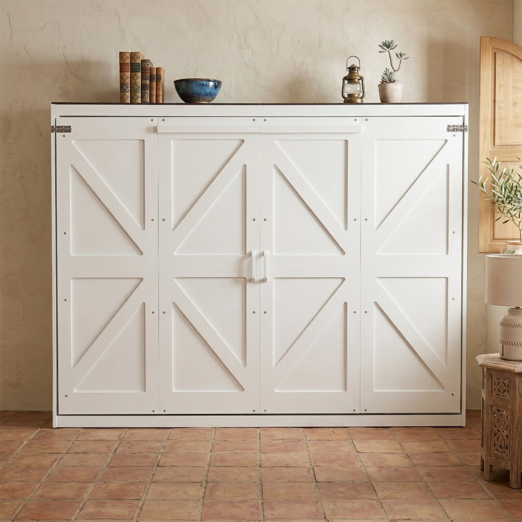 Mintazer Farmhouse Full Murphy Wall Bed with Barn Door & Charge Station, Folding Cabinet Bed for Home Office, White