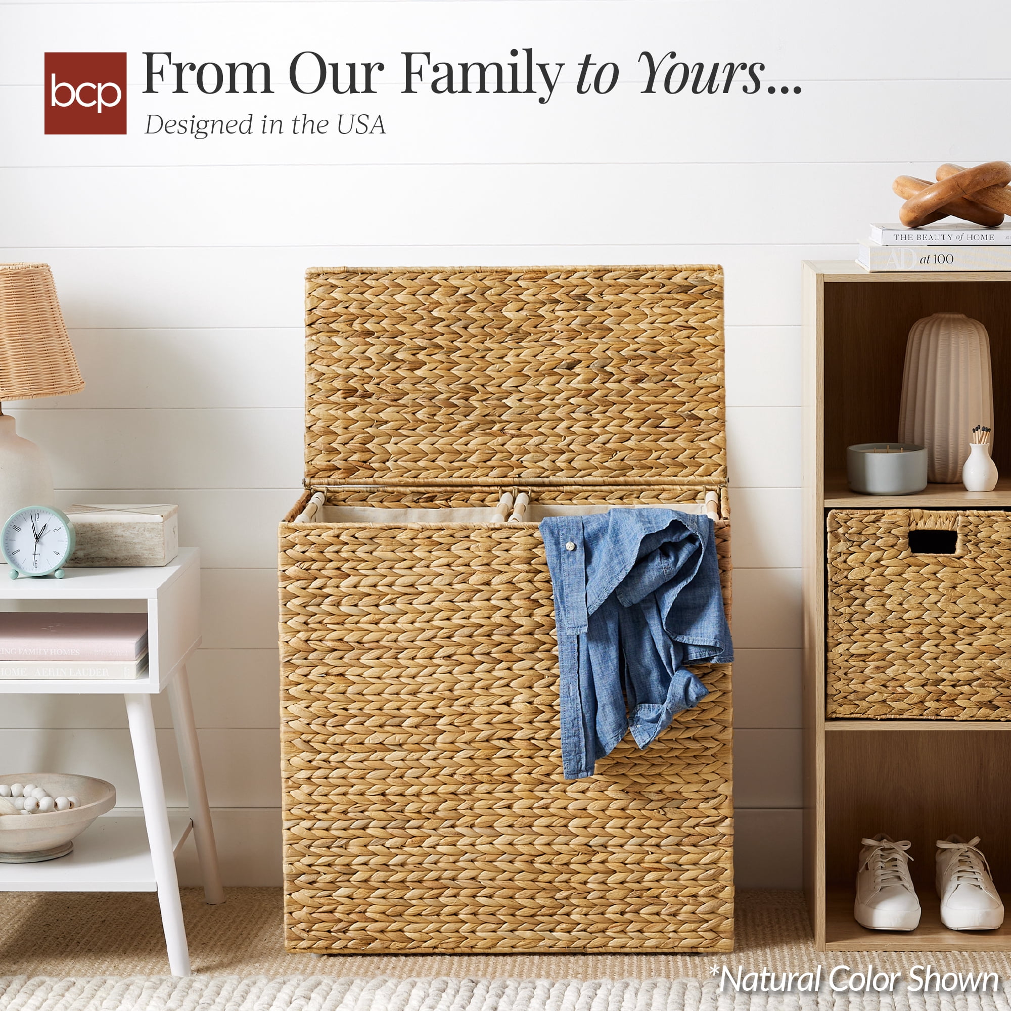 Best Choice Products Large Natural Water Hyacinth Double Laundry Hamper Basket w/ 2 Liner Bags, Handles - Whitewash