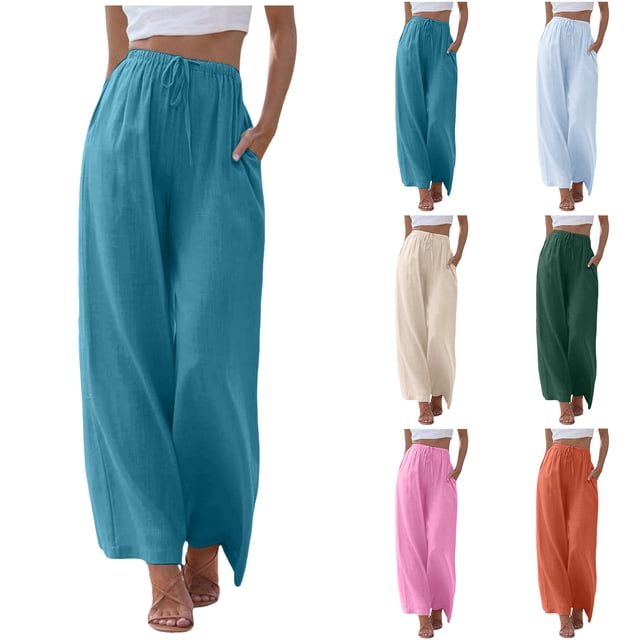 Ladies Casual Pants High Waisted Wide Leg Solid Linen Flowy Palazzo Pant with Pockets Orange S