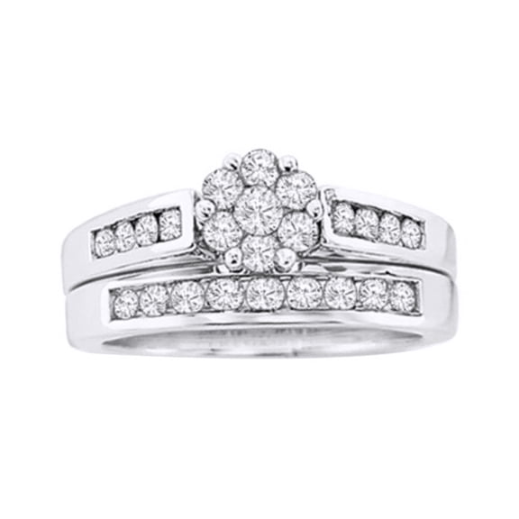 AFFY White Natural Diamond Flower Bridal Ring Set In Solid Gold (0.5 Cttw)