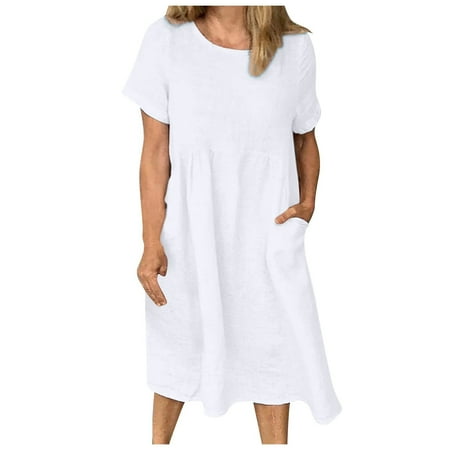 

Juebong Women s Sweatshirt Dress Casual Solid Color Short Sleeve Dress With Pockets Fashion Solid Cap Sleeve Round Neck Pocket Flowy Retro Midi Dress