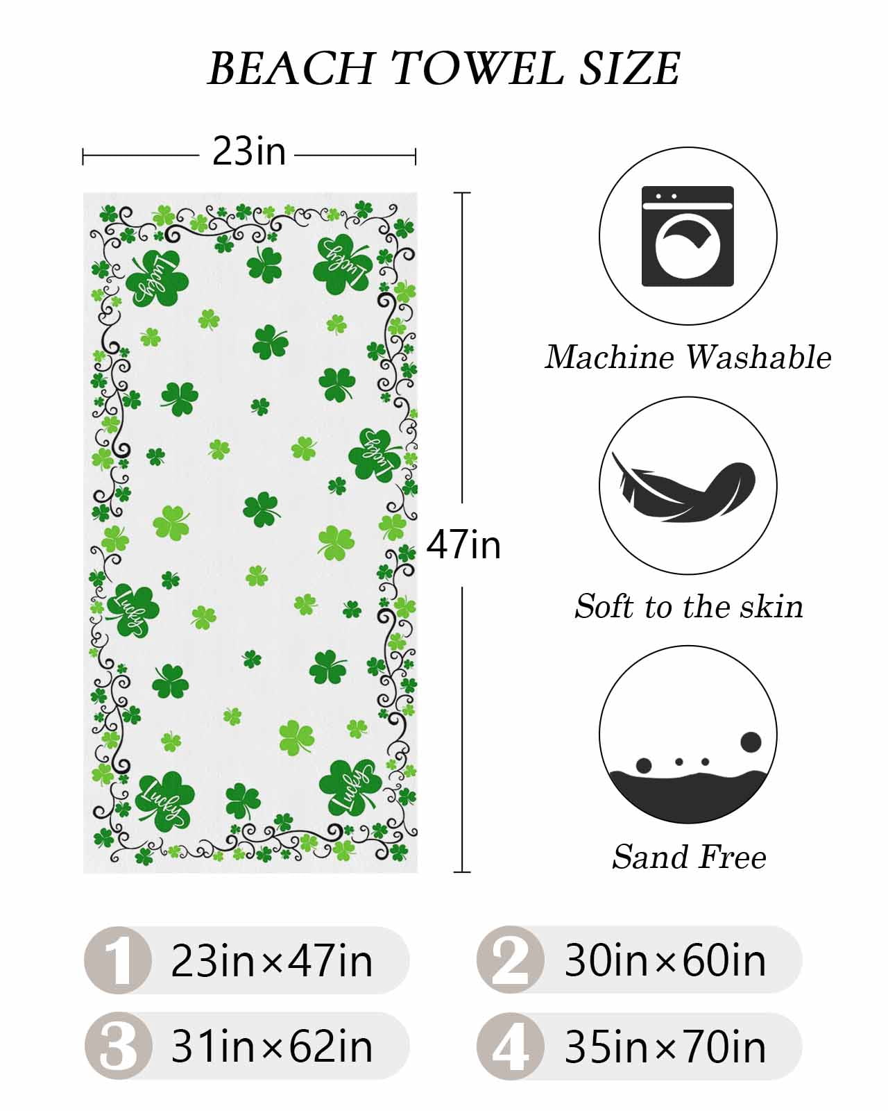 Shamrocks, Beach Towels Oversized Super Absorbent, Saint Patricks Day Green Clover Green White Lightweight Bath Towel Quick Dry Sets For Bathroom/Pool/Rv Camping/Beach Play/Gym Room/Picnic 35"x70"