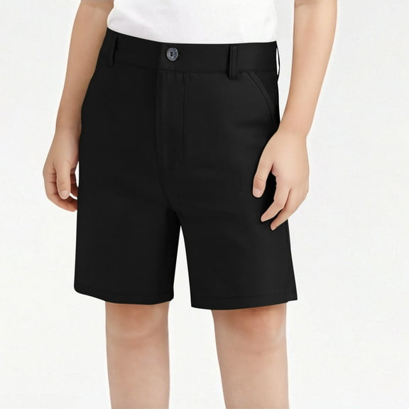 Maqroz Boys Classic Chino Shorts Flat Front Dress Pants Adjustable Waist Knee Length School Uniform Golf Bottoms with Functional Pockets Black,11-12Years