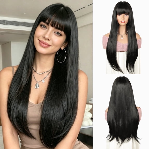 Creamily 24" Long Black Wig with Bangs Straight Human Hair Wigs for women Glueless Black Wigs for Daily