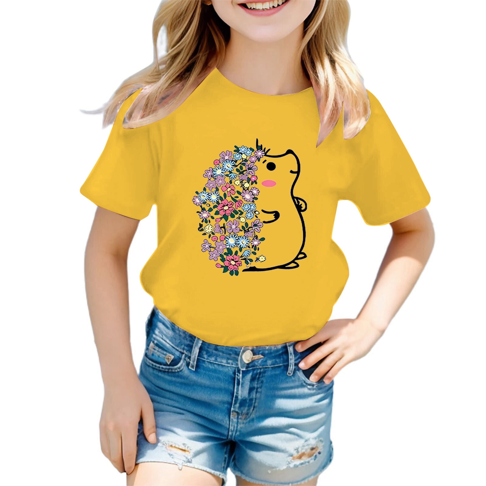 WEIYLL T-Shirts Filles Mignon Hérisson Fleur Imprimé Col Rond Manches Courtes Été Décontracté Enfant T-Shirt Hauts pour 7-8 Ans