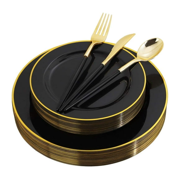 WELLIFE 120 PCS Black Plastic Plates AFN1- Gold Plastic Silverware,Includes 24 Dinner Plates, 24 Dessert Plates, 72 Gold Cutlery for Party and Weddings