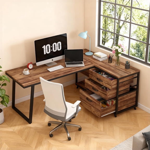 KIOOTTO 53" Smoked Hickory Reversible L-Series – Integrated 3-Drawer Modular Studio Desk with Dual-Zone Lateral Gallery and Reinforced Anti-Oscillation Steel Chassis