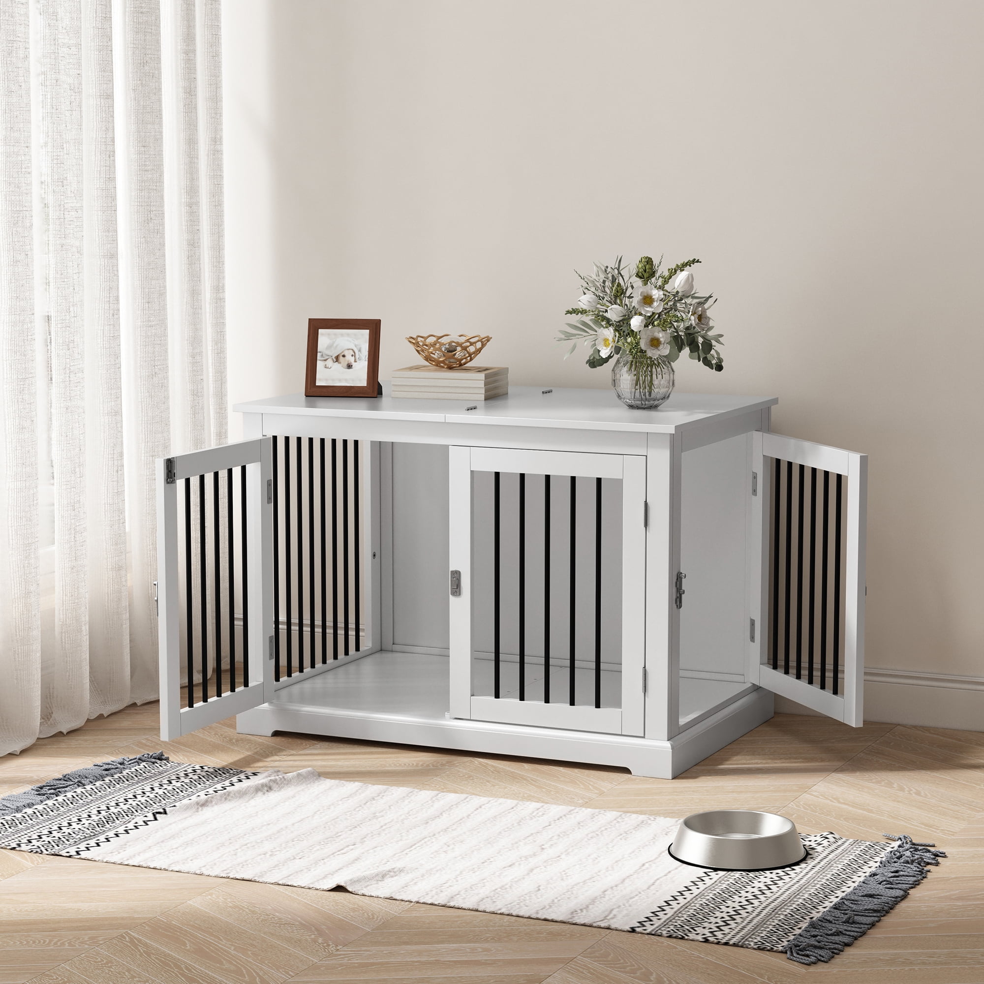 HLR Furniture Style Dog Crate with Cushion, Dog Kennel Medium, Pet Crates, Dog Cage for Small and Medium Dogs, Decorative Dog Kennel with Flip-top Plate, Chew-Proof Metal Bars, White