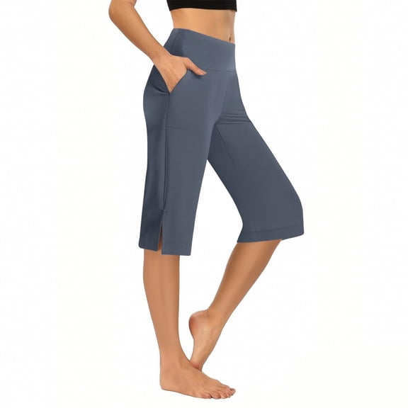 Neewe Women's Capri Pants with Pockets Split Hem High Waist – Tummy Control Yoga Leggings for Summer Workout