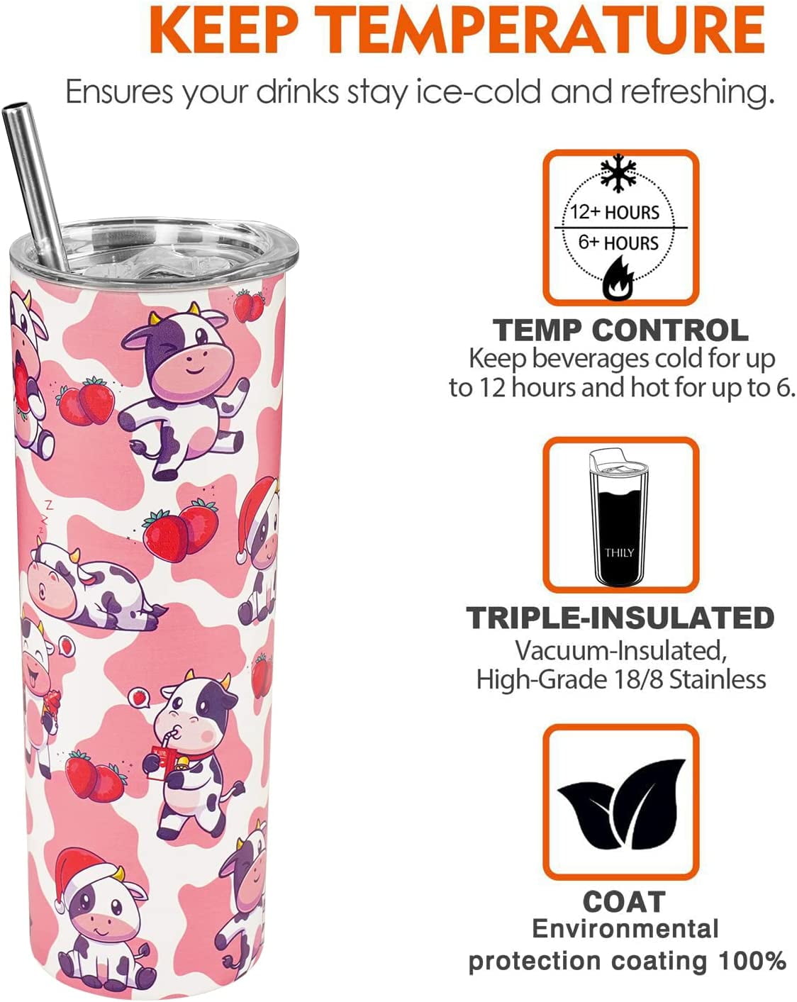 Strawberry Cow Tumbler with Lid and Straw,20oz Strawberry Milk Cup,Kawaii  Strawberry Coffee Mug, Cute Cow Print Insulated Tumbler, Strawberry kitchen