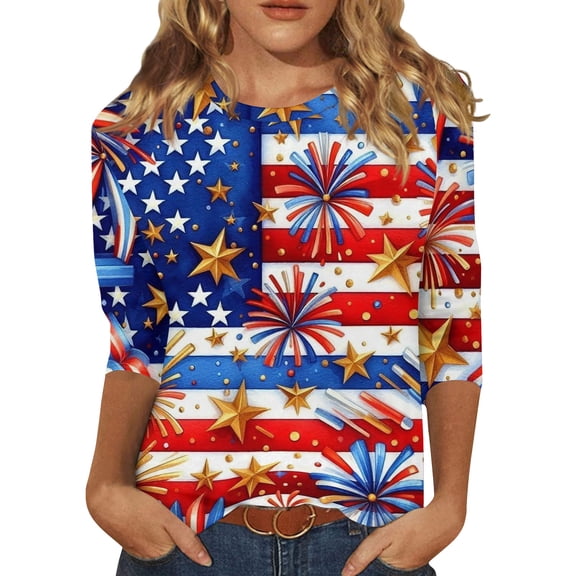 Women's 250th Anniversary USA Shirt Patriotic American Flag Print Crew Neck 3/4 Sleeve T-Shirt