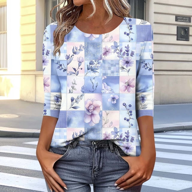 Jacenvly Hauts pour Femmes Liquidation Mode T-Shirt Boho Unisexe à Imprimé Ample Décontracté Col Rond Manches 3/4 T-Shirt Haut Surdimensionné Hauts pour Femmes Manches 3/4