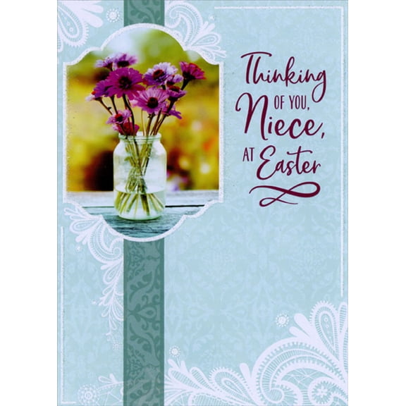 Designer Greetings Purple Flowers in Glass Jar Photo : Light Blue with White Vine Patterns Niece Easter Card