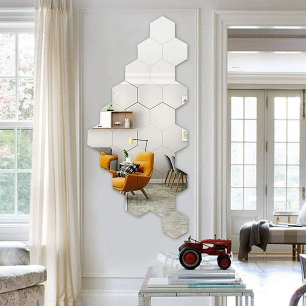 Adhesivo de pared con espejo hexagonal, superficie reflectante que ilumina la habitación para la decoración de la sala de estar, no es un espejo real, ideal para varias áreas del hogar, incluida la