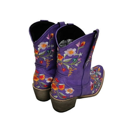 

Woobling Women Ankle Boot Round Toe Boots Embroidered Floral Short Bootie Winter Shoes Heighten Chunky Cool Purple 5