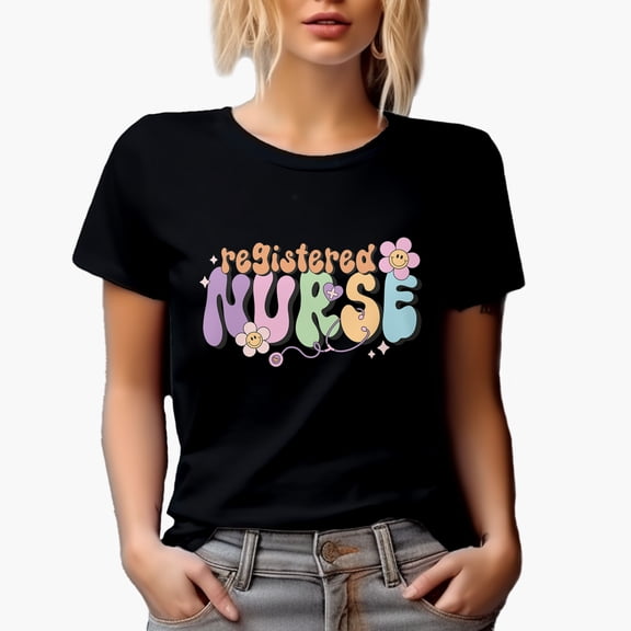 Registered Nurse, Retro Groovy Text & Smiling Flowers Art, Nurses' Merch Gift, Black T-Shirt, Small