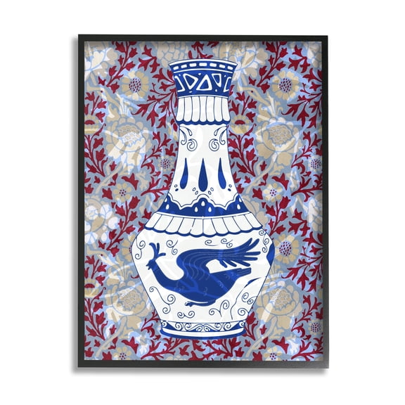 Stupell Industries Red & Blue Baroque Vase Pattern Botanical & Floral Painting Black Framed Art Print Wall Art