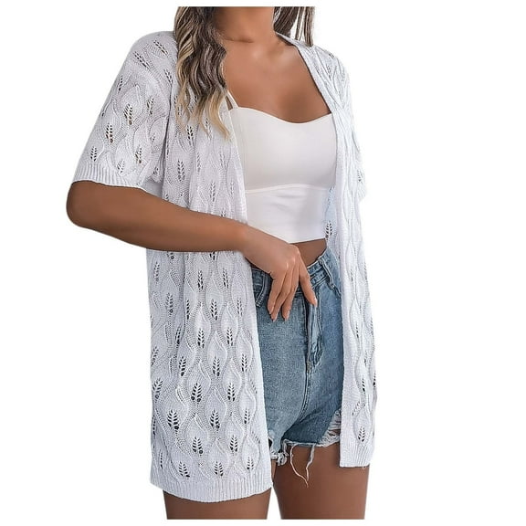 Ladies Solid Color Summer Crochet Leaf Short Sleeve Knit Cardigan Lightweight Sun Cover Up For Vacation Travel Clothes Sun Shirt