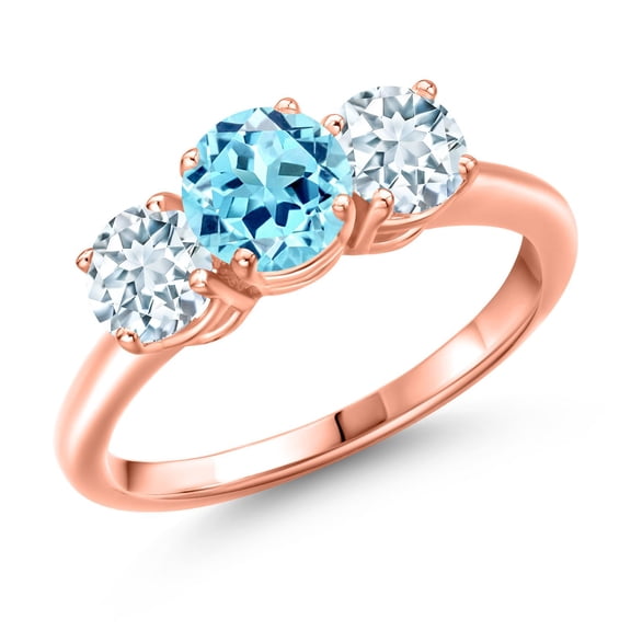 Gem Stone King 18K Rose Gold Plated Silver Blue Apatite and Sky Blue Aquamarine Engagement Ring for Women | 1.82 Cttw | Round 6MM | Gemstone Birthstone | Size 9
